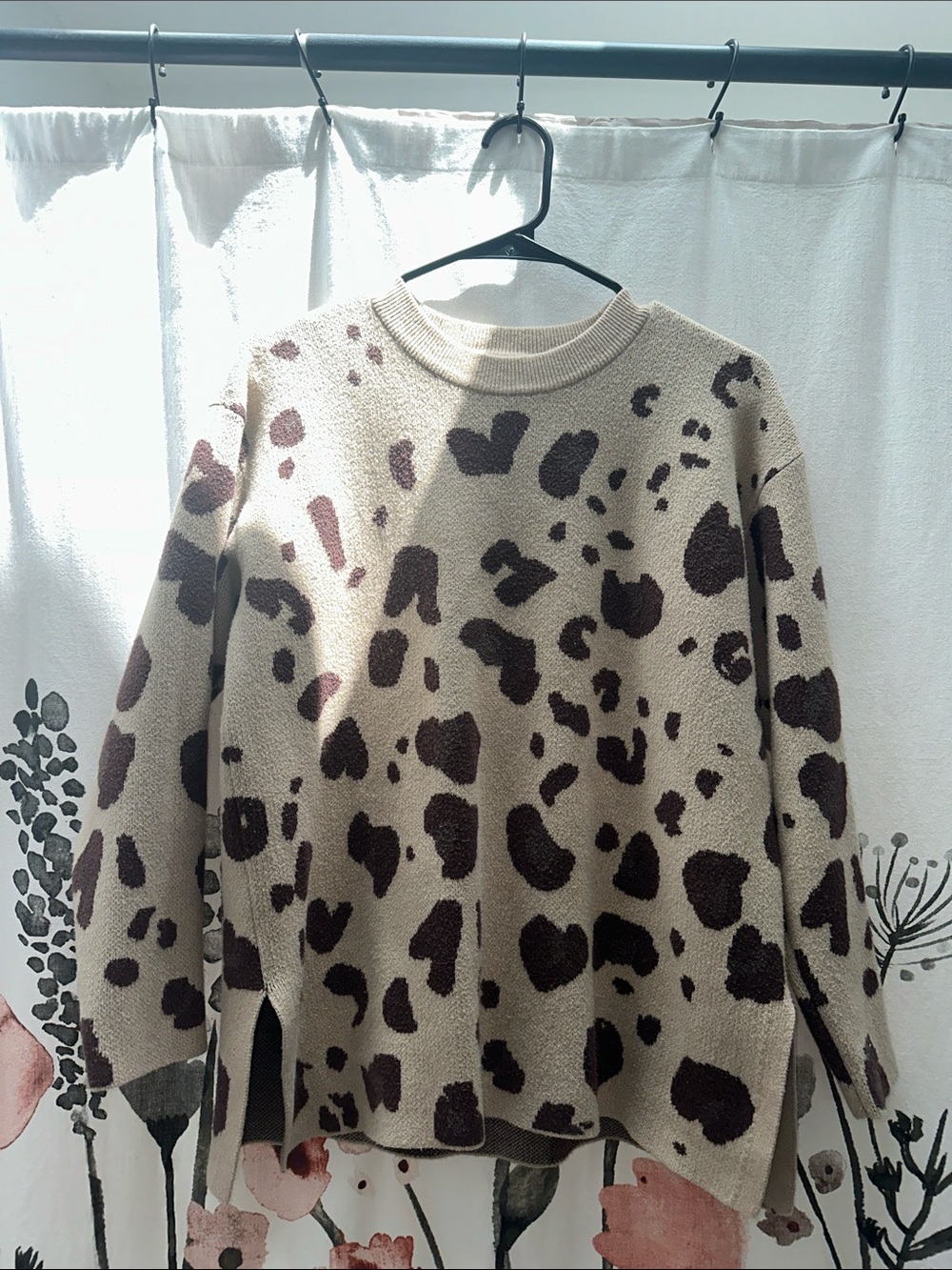 LOFT Cream and Dark Brown Leopard-Print Crewneck Sweater